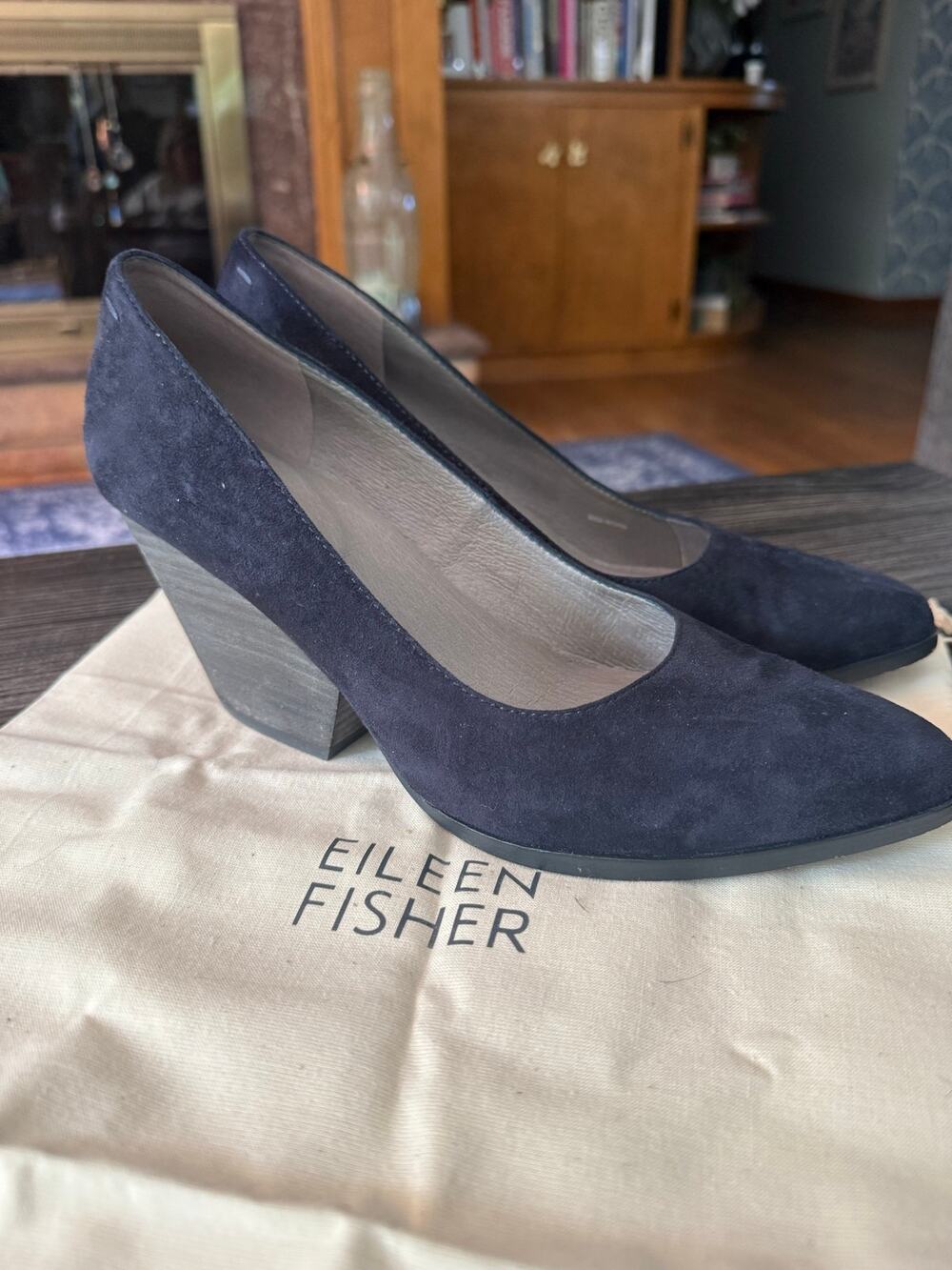 Eileen Fisher Hawk Navy Blue Suede Block Heel Pumps Sz. 8.5